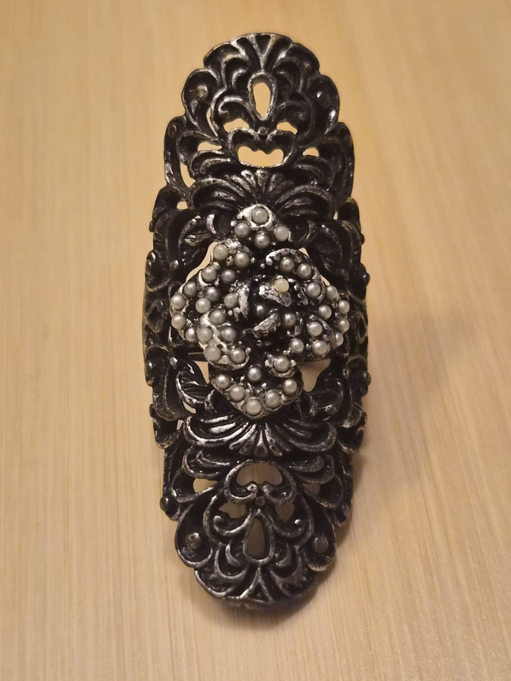 ​Vintage Gothic Filigree Armor Ring Faux Pearl Accent Silver Tone Adjustable